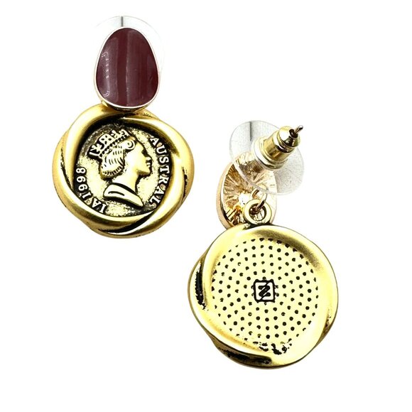 Womens Ancient Coin Gold Tone Earrings Pierced Dark Red Enamel Chandelier New - Picture 2 of 4